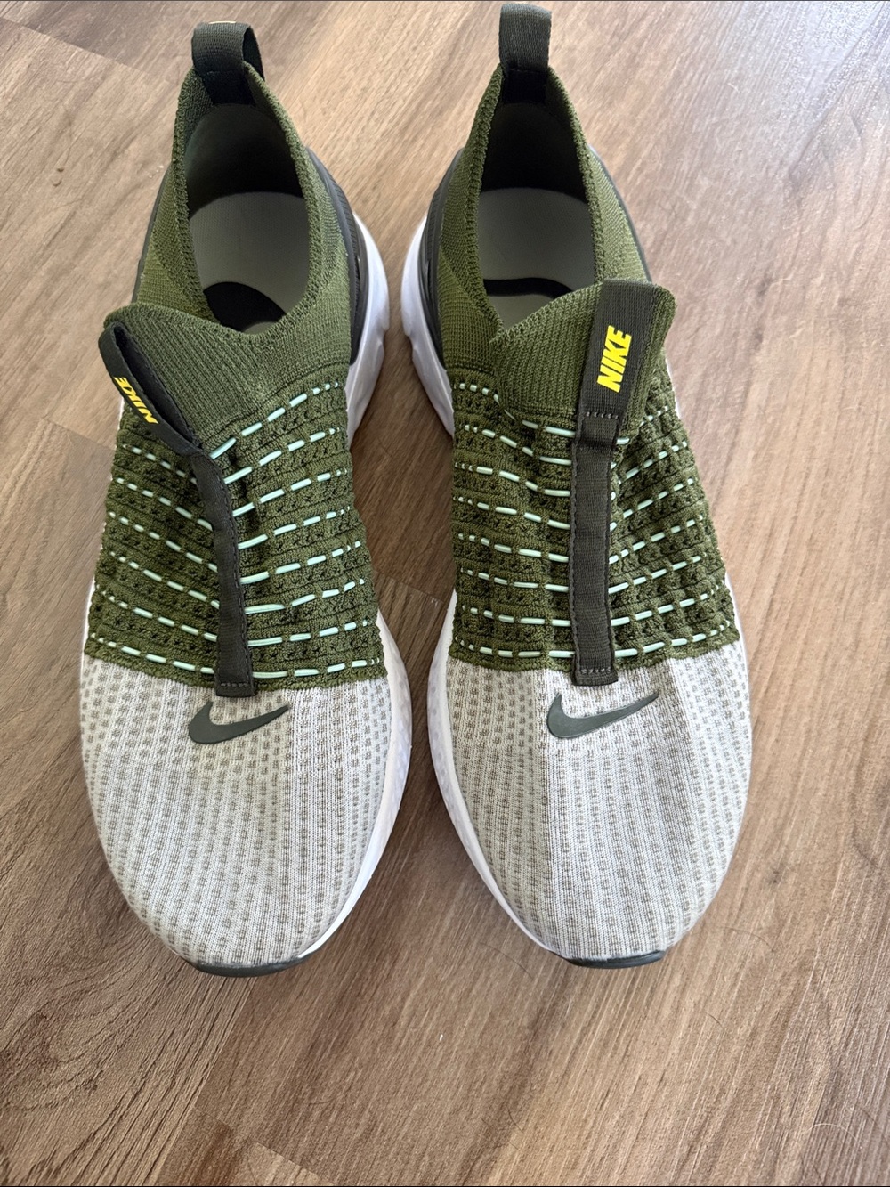 Nike Slip-On Knit Sneakers in Olive Green, Light Gray & Yellow Accents